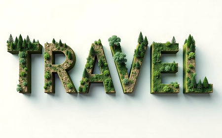 Conceptual image with the word travel made of green trees.の素材
