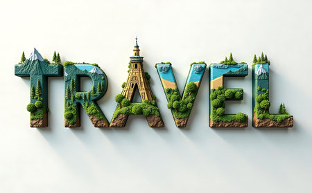 3D rendering of the word travel with a background of green natureの素材