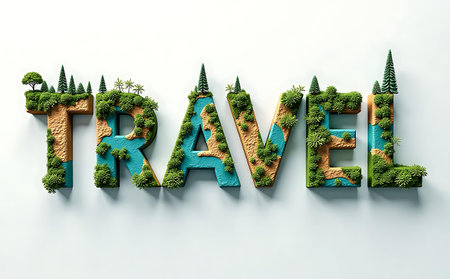 3D render of the word travel with green trees on white backgroundの素材
