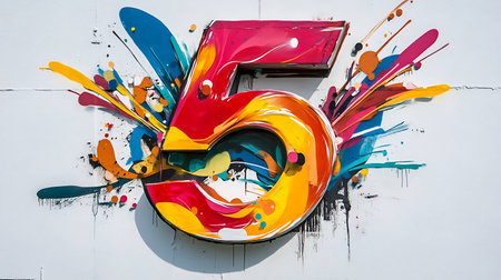 Number six painted on the wall of a building with colorful splashesの素材