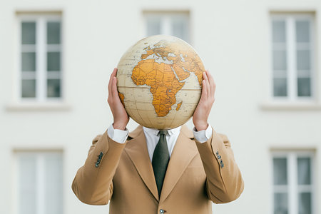 businessman in beige suit holding earth globe in front of headの素材
