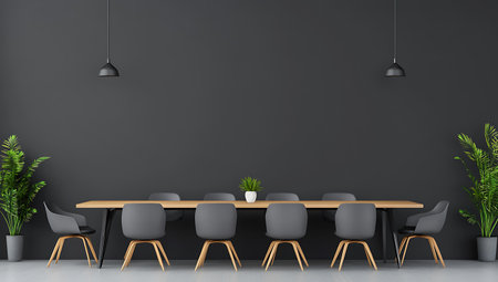 Interior of modern meeting room with gray walls, concrete floor, long wooden table with black chairs and plant pots. 3d renderingの素材