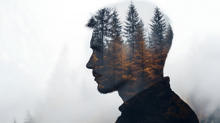 Double exposure of a man in a forest with fog and trees on the backgroundの素材