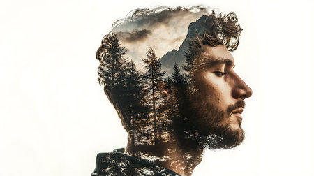 Double exposure of a man with a beard on a background of the mountainsの素材
