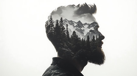 Double exposure of a man with a beard and mountains in the backgroundの素材