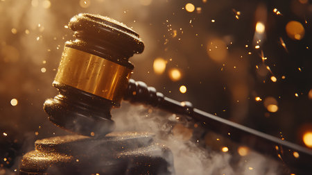 Law theme, mallet of judge, wooden gavel on dark background with golden lightの素材
