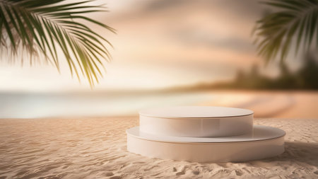 3d render of white podium on the beach with palm leaves in the backgroundの素材