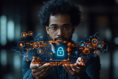 cyber security, data protection and information safety concept - close up of african american man with closed padlock on virtual screenの素材