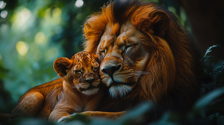 Lion and lioness in the forest. Wildlife scene from nature.の素材