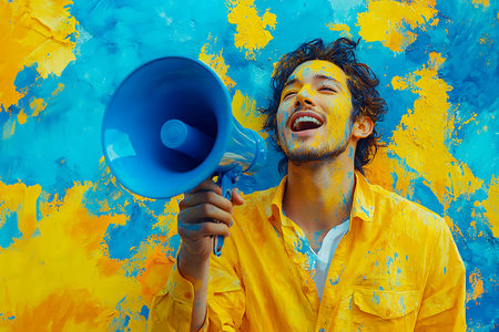 young handsome bearded hipster man with megaphone on colorful backgroundの素材