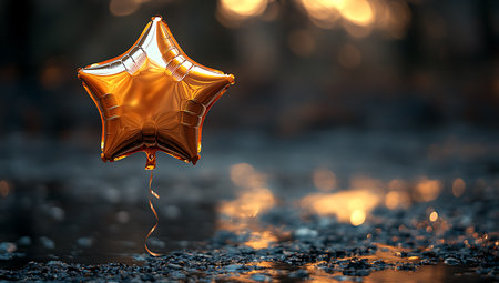 Golden star shaped balloon on a dark background with bokeh.の素材