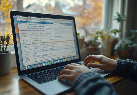 Woman working on laptop at home. Freelance business concept.の素材
