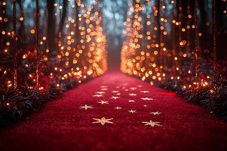 Red carpet with christmas lights and bokeh in the forestの素材