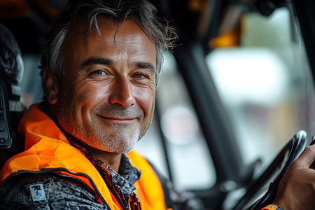 Portrait of a handsome mature man in safety vest driving a forkliftの素材