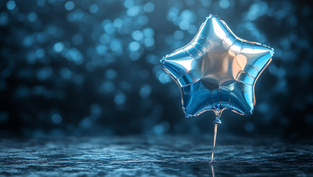 Blue balloon with star shape on bokeh background. 3d illustrationの素材