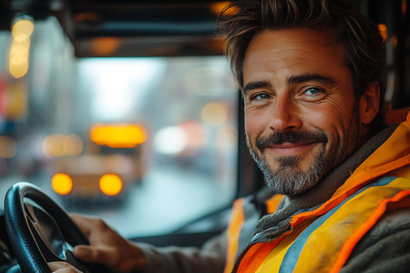 Portrait of a smiling man driving a truck in the city.の素材