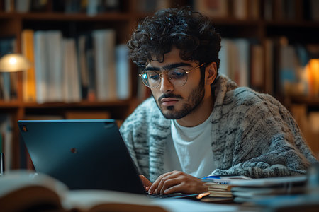 young man in eyeglasses working on laptop while sitting at homeの素材