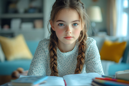 Cute little girl with braids doing homework at home. Education concept.の素材