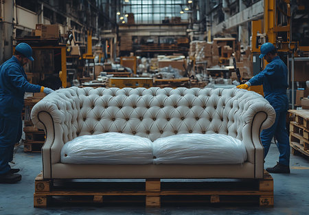 Workers are working in a warehouse. Workers are cleaning the sofa.の素材