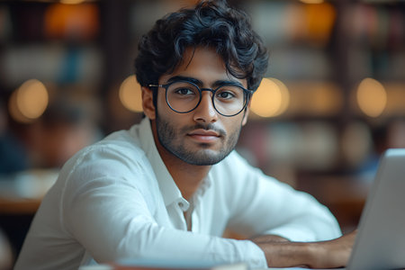 Portrait of young man with eyeglasses using laptop in cafeの素材
