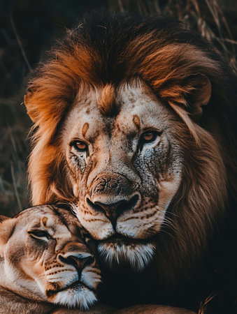 Lion and lioness in Kruger National Park, South Africa ; Specie Panthera leo family of Felidaeの素材
