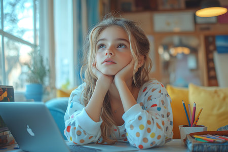 Cute little girl sitting in front of a laptop at home in the eveningの素材