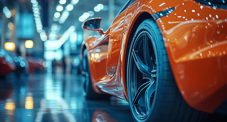 Close-up of a modern orange sports car in a parking lotの素材