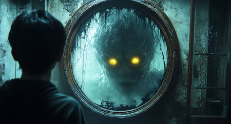 A man looks at the face of an alien in the mirror.の素材