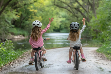 Two little girls riding bicycles in the park on a sunny summer dayの素材
