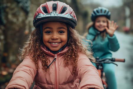 Two cheerful little girls riding a bicycle in the park on a rainy day.の素材