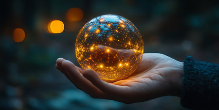Woman hand holding a glowing earth globe with christmas lights. 3D renderingの素材