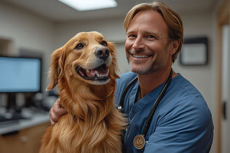 Smiling vet with golden retriever dog looking at camera in vet clinicの素材