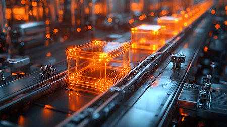 3d rendering, 3d illustration of a virtual cube in a row on conveyor beltの素材
