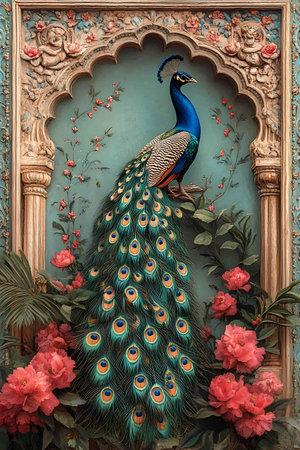Peacock with peacock on the wall. Peacock decorated with flowersの素材