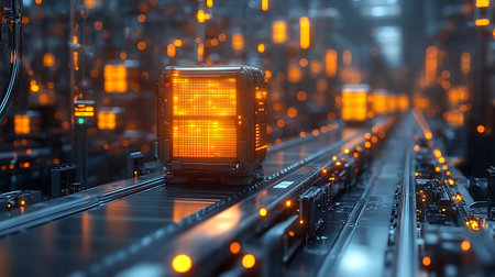 3d rendering of a big data center or server room with glowing lightsの素材