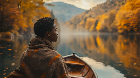 Portrait of a young african american woman sitting in a boat on a lake at autumn.の素材