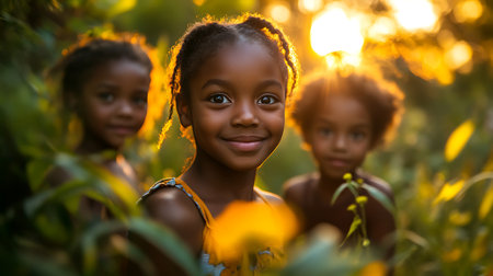 Portrait of a smiling african american little girls in natureの素材