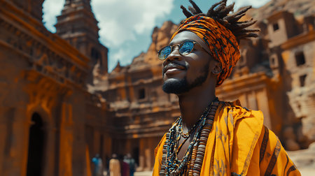 Portrait of african american man with dreadlocks and sunglasses in front of temple.の素材