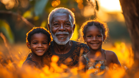 Portrait of an African American grandfather with his daughter and granddaughter at sunset.の素材