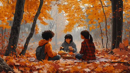 Three children sitting on the ground in the autumn forest and eating pancakesの素材