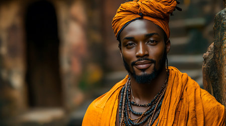 Portrait of a handsome young Indian man wearing orange clothes and turban.の素材