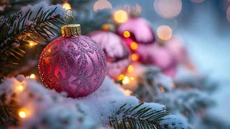 Christmas tree decoration with snow and bokeh lights on background.の素材