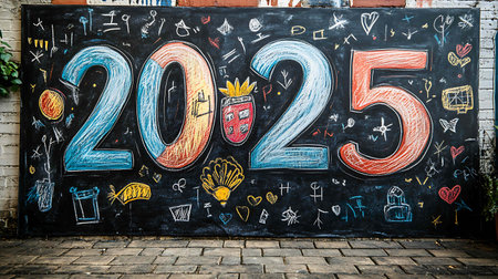 New Year 2025 painted on a chalkboard in the streetの素材