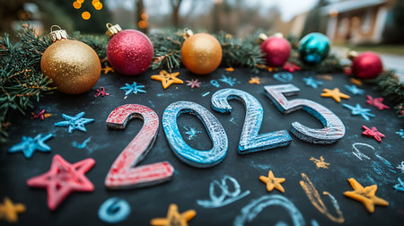 New Year's background with the inscription 2020 on a blackboard with Christmas decorations.の素材