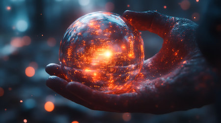 Crystal ball in the hands of a man. 3D rendering.の素材