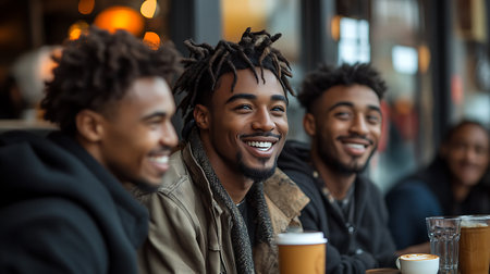 Group of friends drinking coffee in a cafe. Cheerful african american man with dreadlocks smiling and looking at camera.の素材