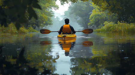 Man kayaking in the lake. 3d render. Conceptual image.の素材