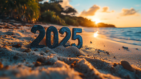 Happy new year 2015 text on the beach at sunset. Holiday conceptの素材