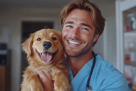 Portrait of a happy male veterinarian with a golden retriever dogの素材