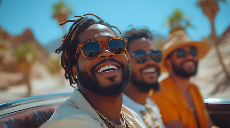 Portrait of a smiling african american man in sunglasses sitting in a convertible carの素材